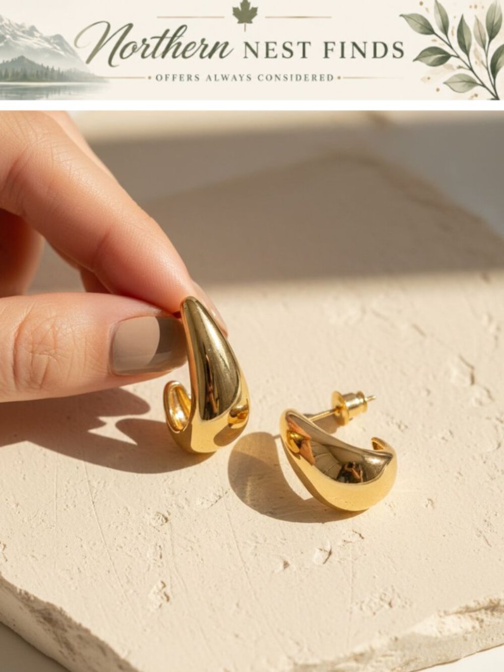 14K Gold Plated Chunky Huggie Hoop Earrings Hypoallergenic Teardrop